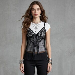 Vintage Whimsigoth Black Sheer Lace Cami Top S Fairy Coquette Gothic Tank